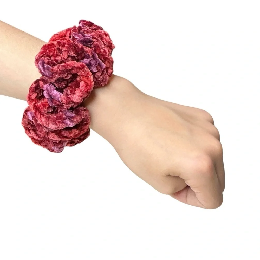 Crochet Crushed Velvet Scrunchie Set of 3 Oversized Hair Tie Plush Handcrafted
