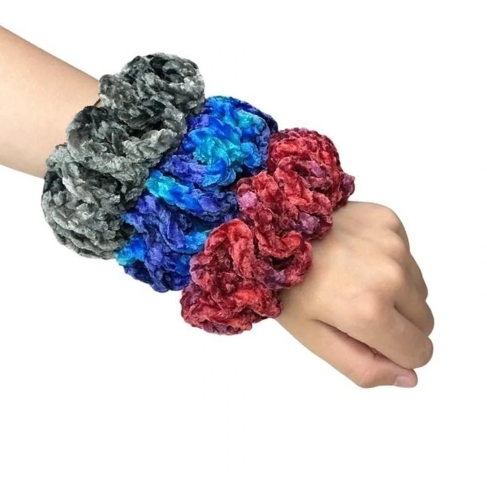 Crochet Crushed Velvet Scrunchie Set of 3 Oversized Hair Tie Plush Handcrafted