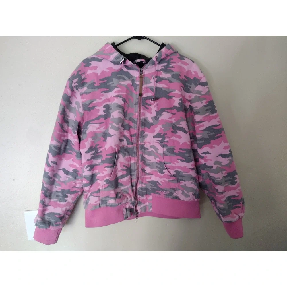 Roper Pink Camo Hooded Work Jacket Womens XL Cotton Canvas Fleece‎ Lined Zip Up