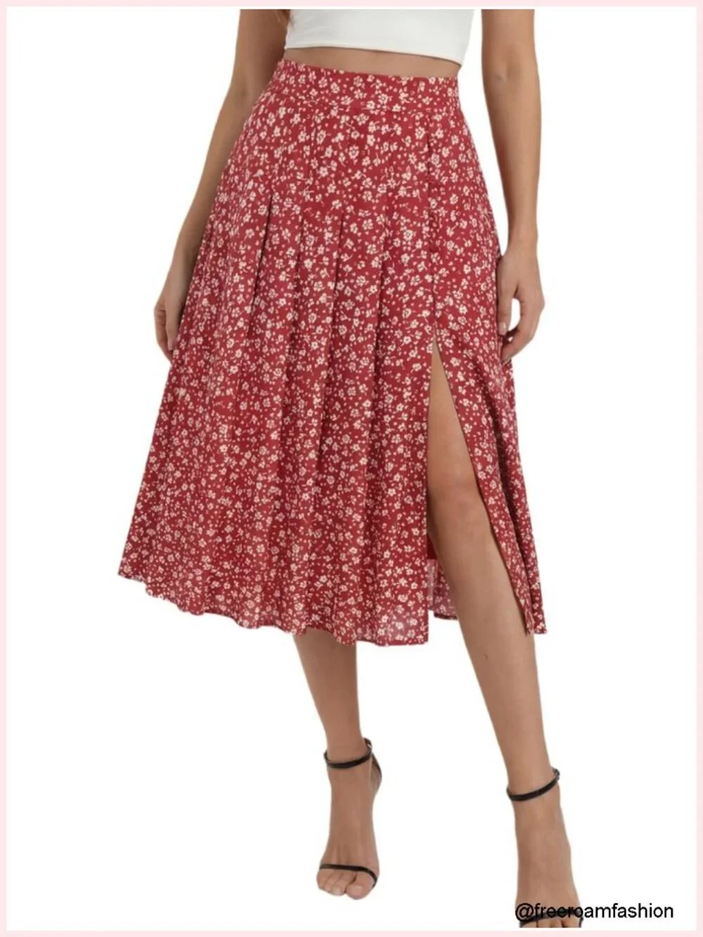 Women's Floral Midi Skirt with Slit High Waist Pleated A-Line Pockets Adjustable