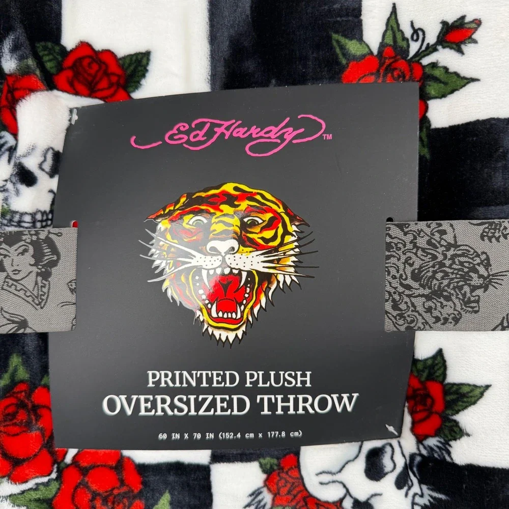 Ed Hardy Printed Plush Oversized Throw Blanket Skulls Roses Checkerboard 60x70