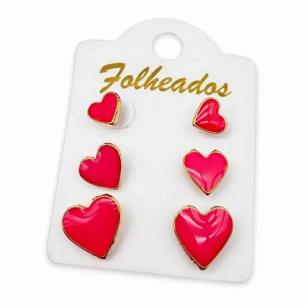 Gold Plated Heart Stud Earrings Set – 3 Pairs Red Enamel‎ Heart Earrings