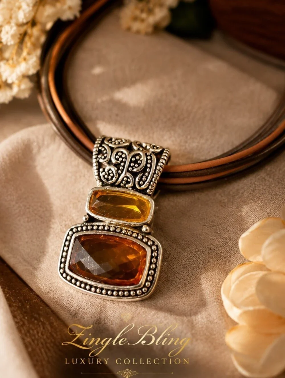 Vintage Cookie Lee Multi Strand Faux Leather Necklace Amber Glass Pendant Boho
