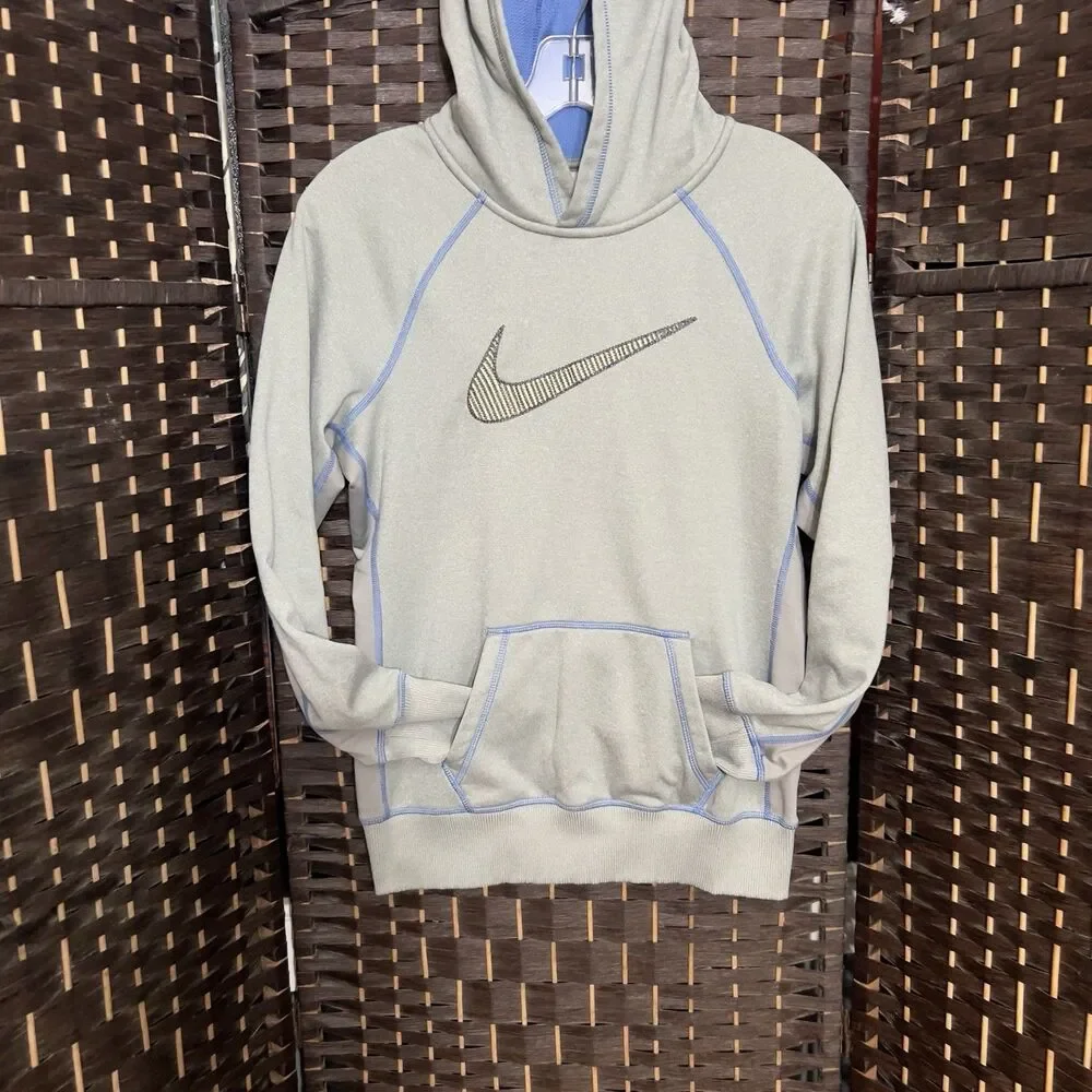 Nike Dri-Fit Womens Grey / Blue Swoosh Hoodie Pullover Sweatshirt Activewear Sm