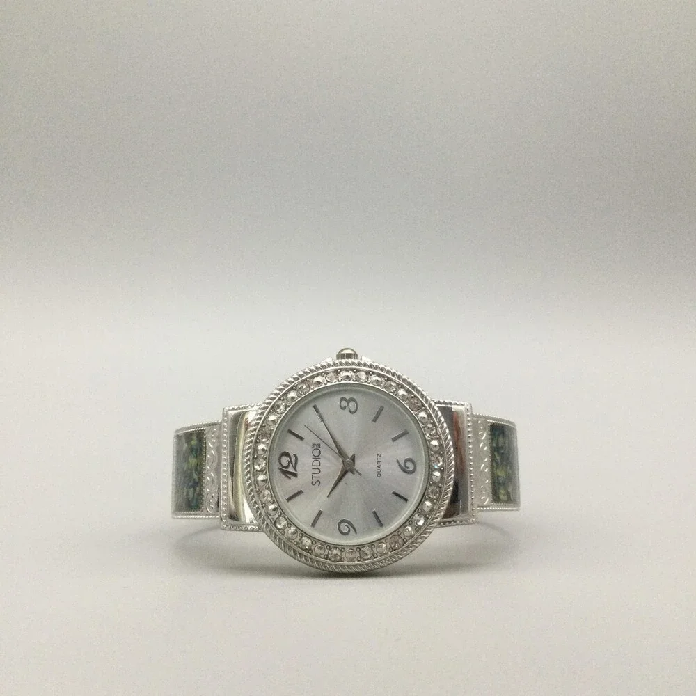 Studio Womens Watch 32mm Crystal Bezel Open Cuff Silver Tone Inlay New Battery