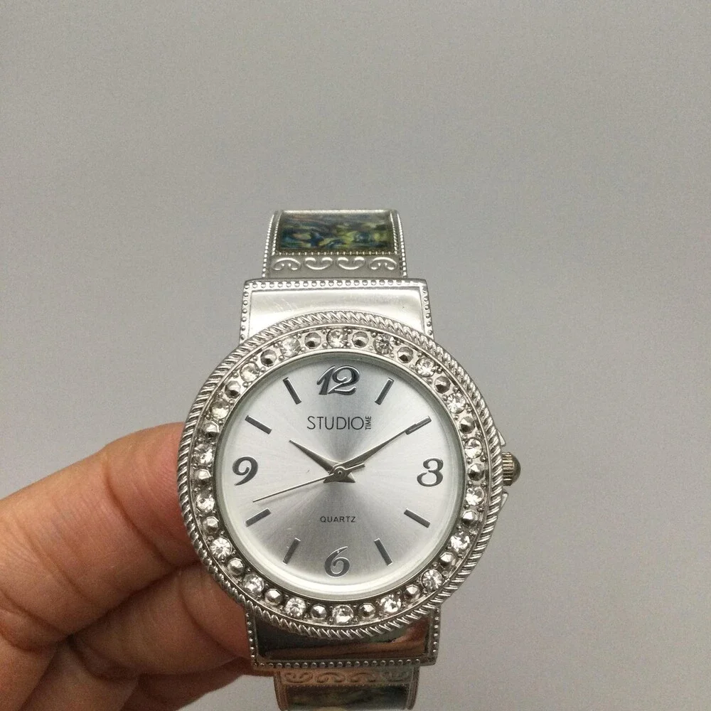 Studio Womens Watch 32mm Crystal Bezel Open Cuff Silver Tone Inlay New Battery