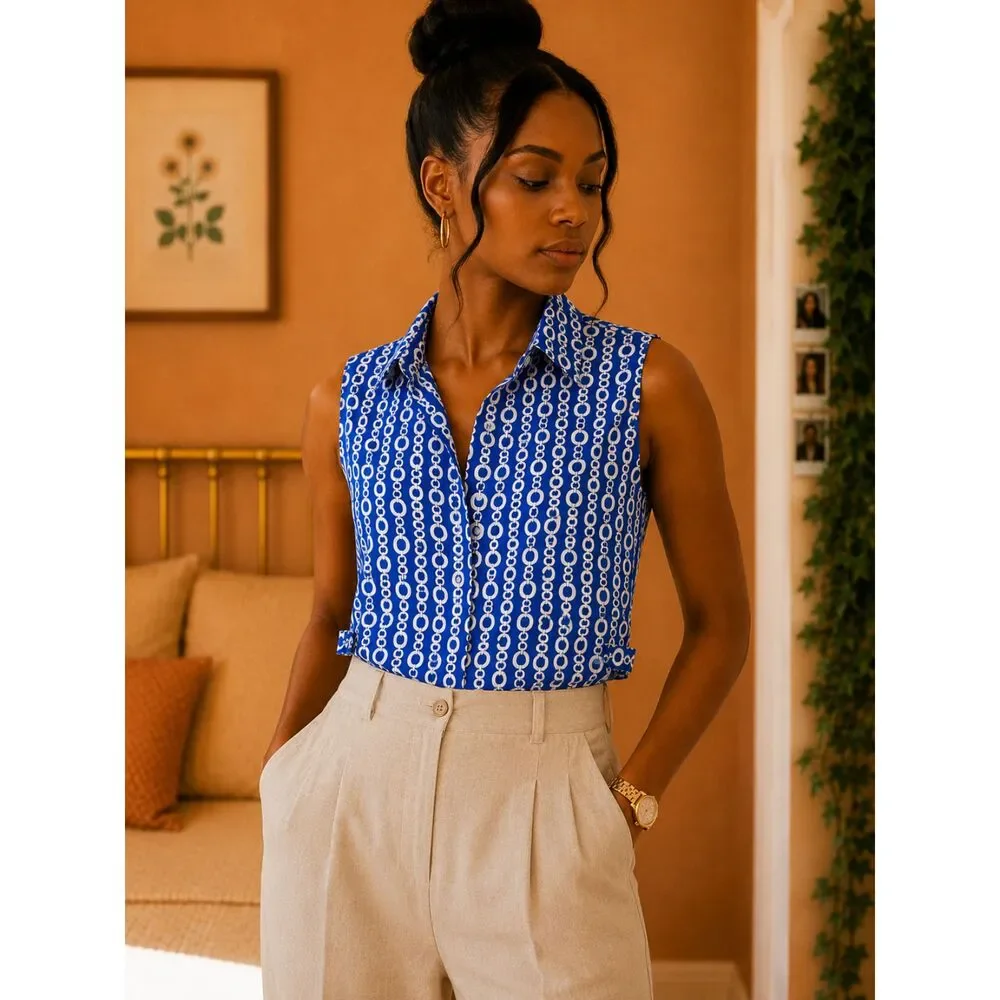 Tweeds 100% Linen Blue White Chain Link Pattern Print Size L Nautrical Resort