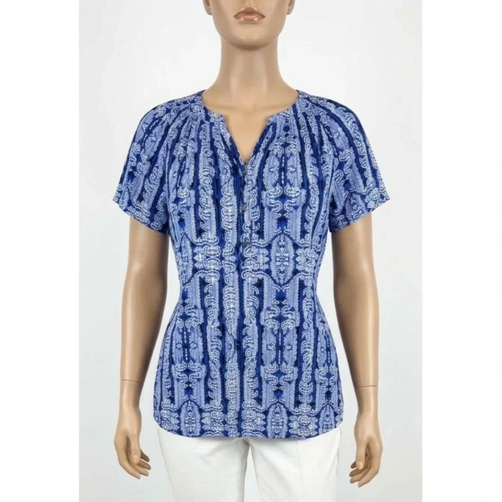 Dana Buchman XL Peasant Blouse Blue White Ikat Medallion Smocked Split Neck Top