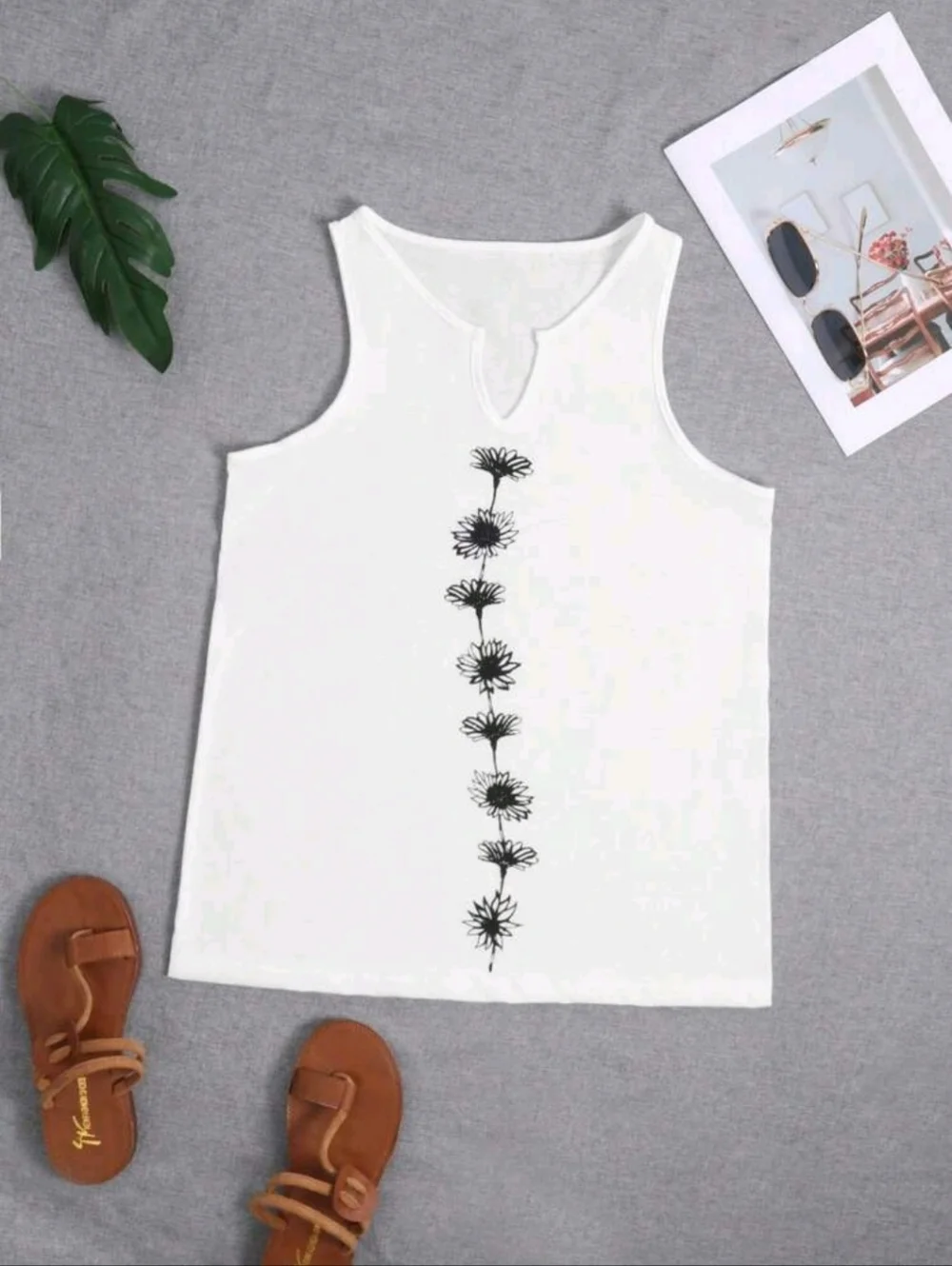 Women’s White Floral Notch Tank Top