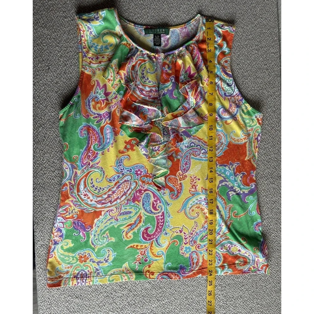 Lauren Ralph Lauren XL Paisley Ruffle Sleeveless Blouse Colorful Cotton Top‎