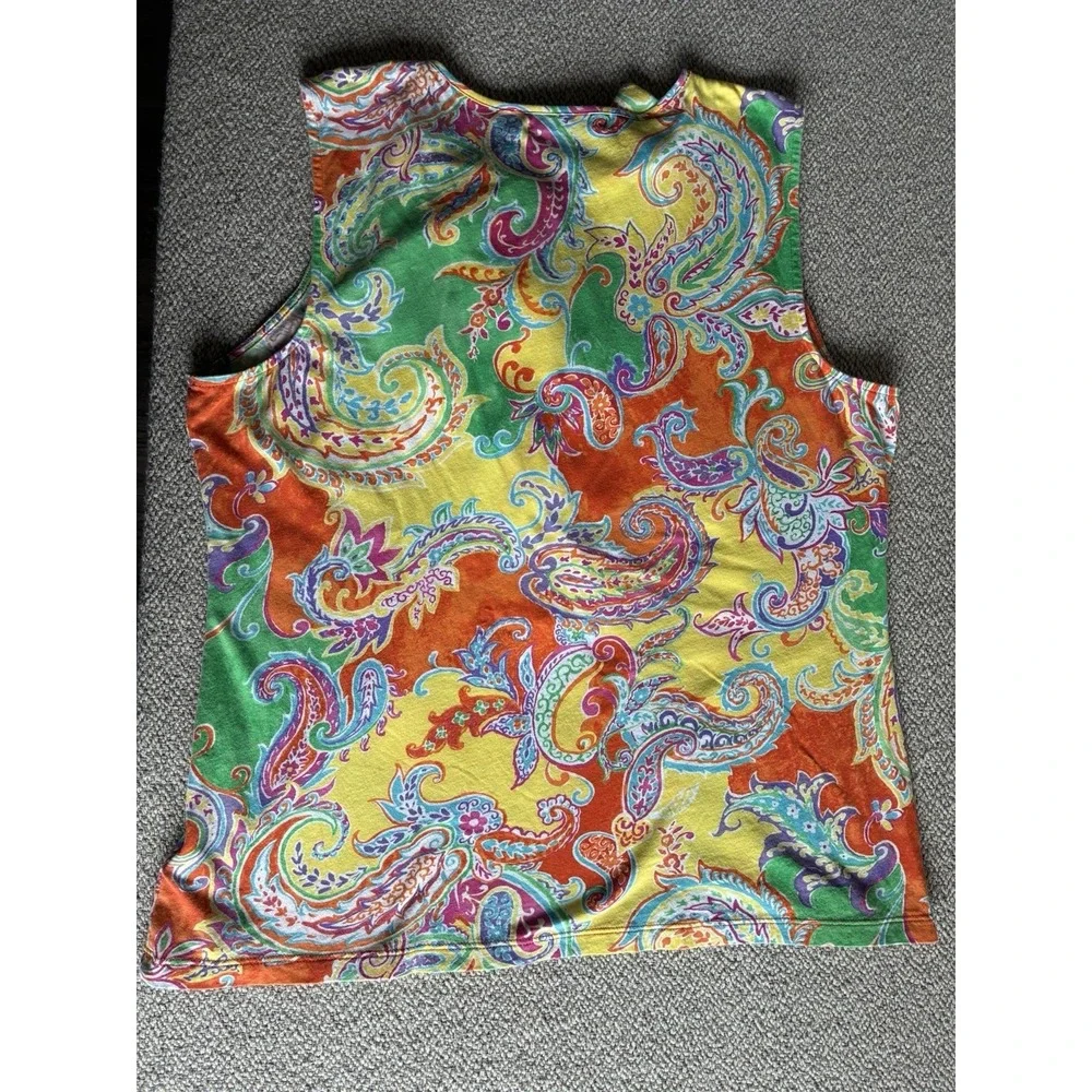 Lauren Ralph Lauren XL Paisley Ruffle Sleeveless Blouse Colorful Cotton Top‎