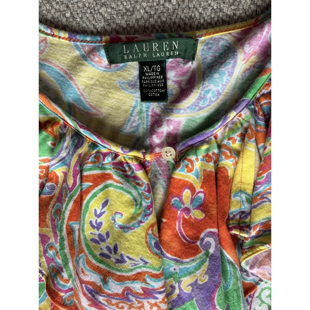 Lauren Ralph Lauren XL Paisley Ruffle Sleeveless Blouse Colorful Cotton Top‎