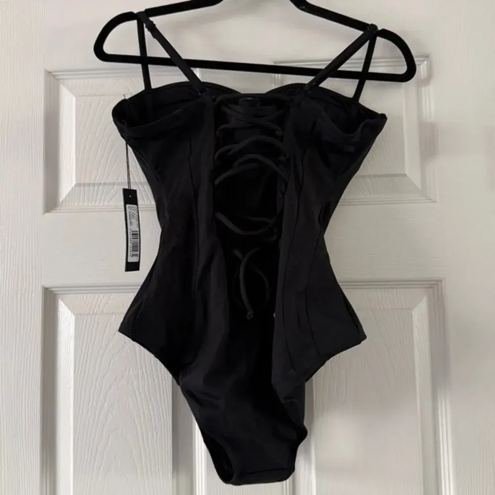 ta3 pushy one piece swimsuit black underwire padded women size medium short d/dd