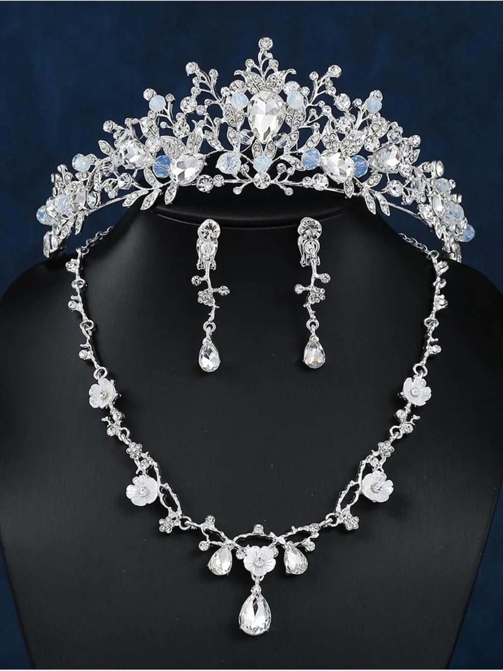 Silver Floral Crystal Necklace and Tiara Set - Clear