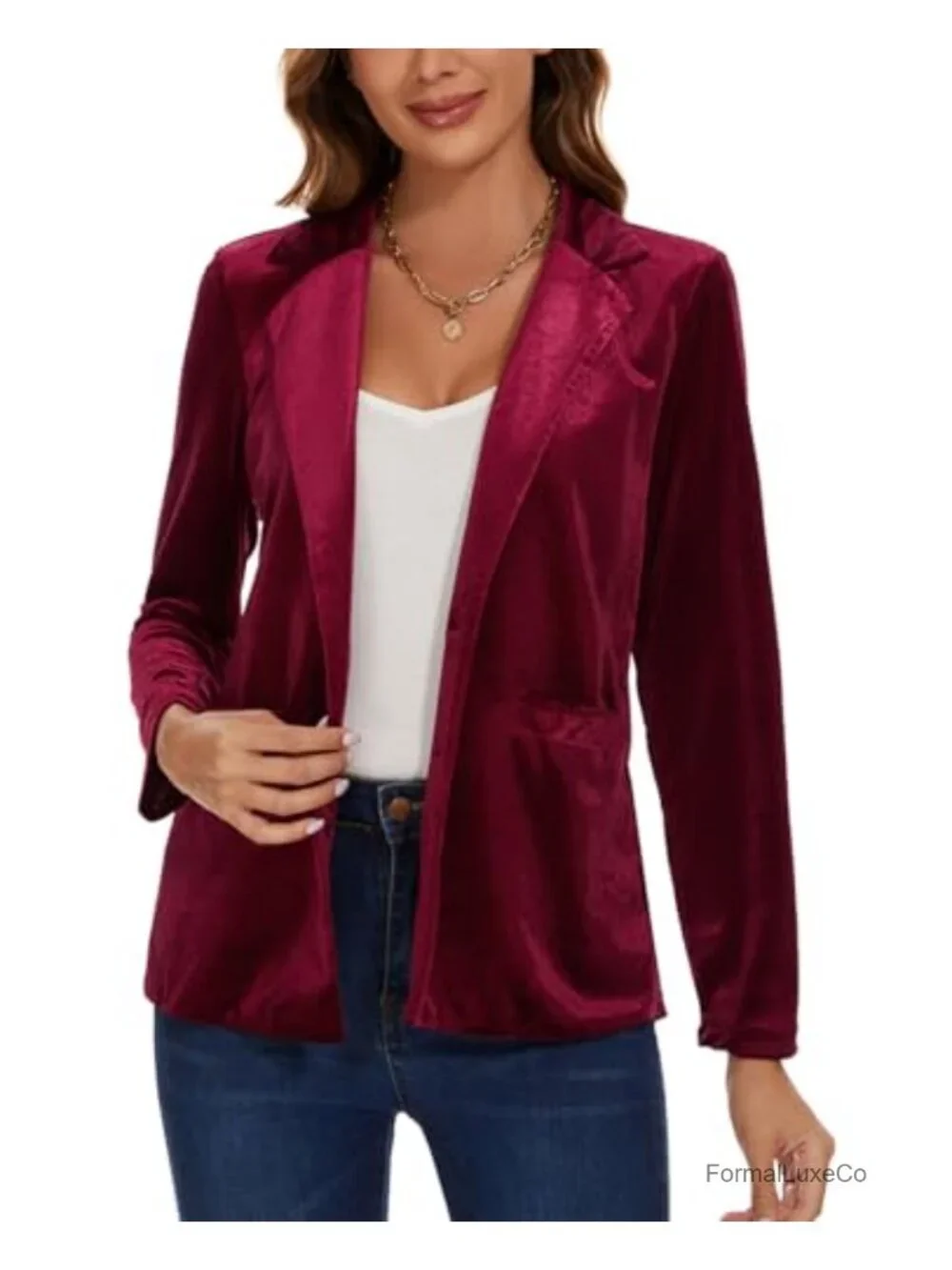Women's Velvet Blazer Jacket Long Sleeve Button Pockets Office Work Tailored