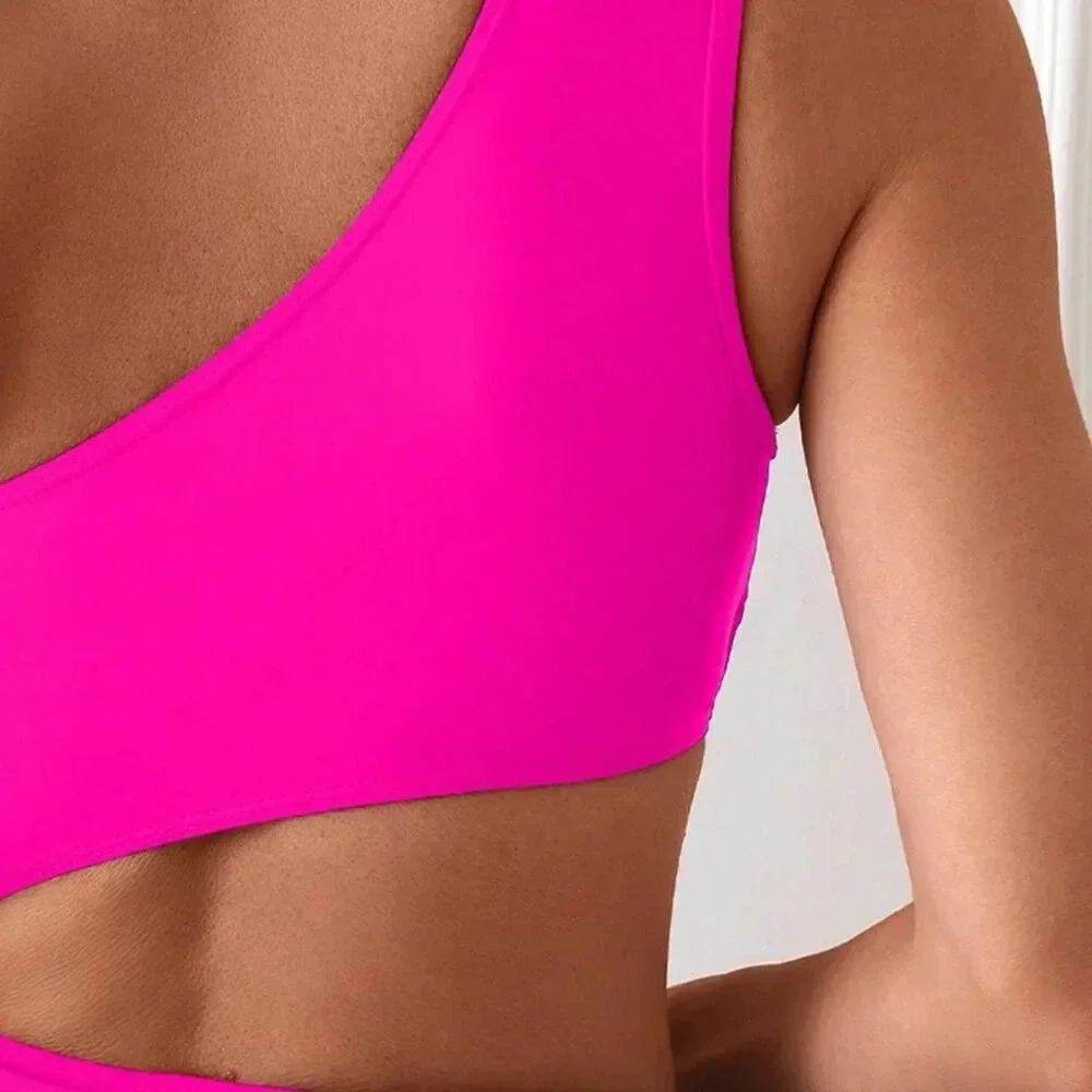 Hot Pink Women's Beach Asymmetric Collar Ruched Hollow Vacation One-Piece Bathin