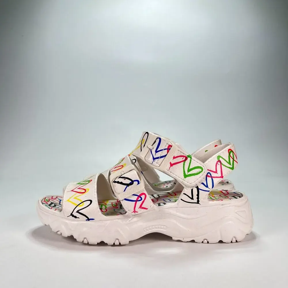 Skechers x JGoldcrown D'Lites 2.0 Heart You White Multi Sandals Women's Size 8