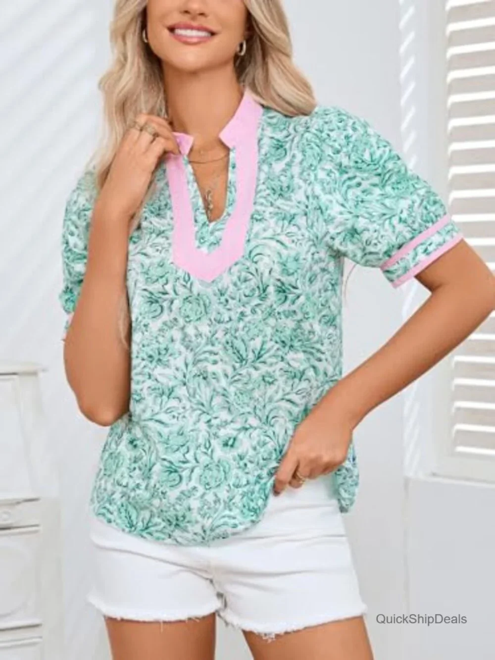 Floral Print Short Puff Sleeve V Neck Patchwork Collared Blouse