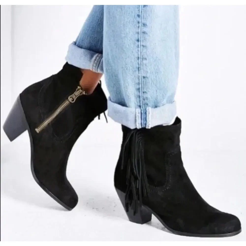 Sam Edelman Louie 7.5 M Booties Black‎ Suede Fringe Western Ankle Boots Cowgirl