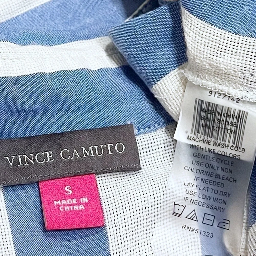 NEW Vince Camuto High Low Relaxed Fit Knit Striped Short Sleeve Button Down Top