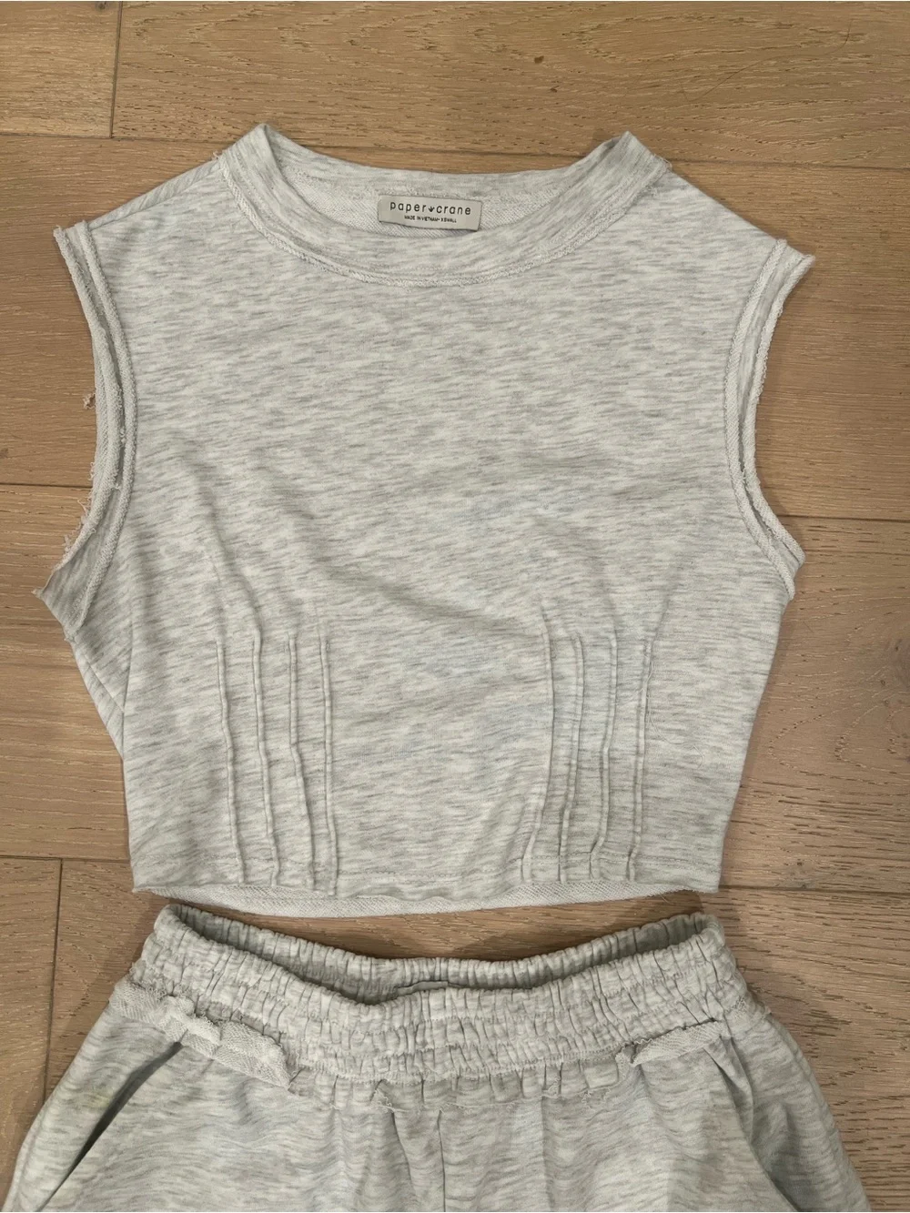 Paper Crane Light Gray Ribbed Crop Tank & Elastic Waist Shorts