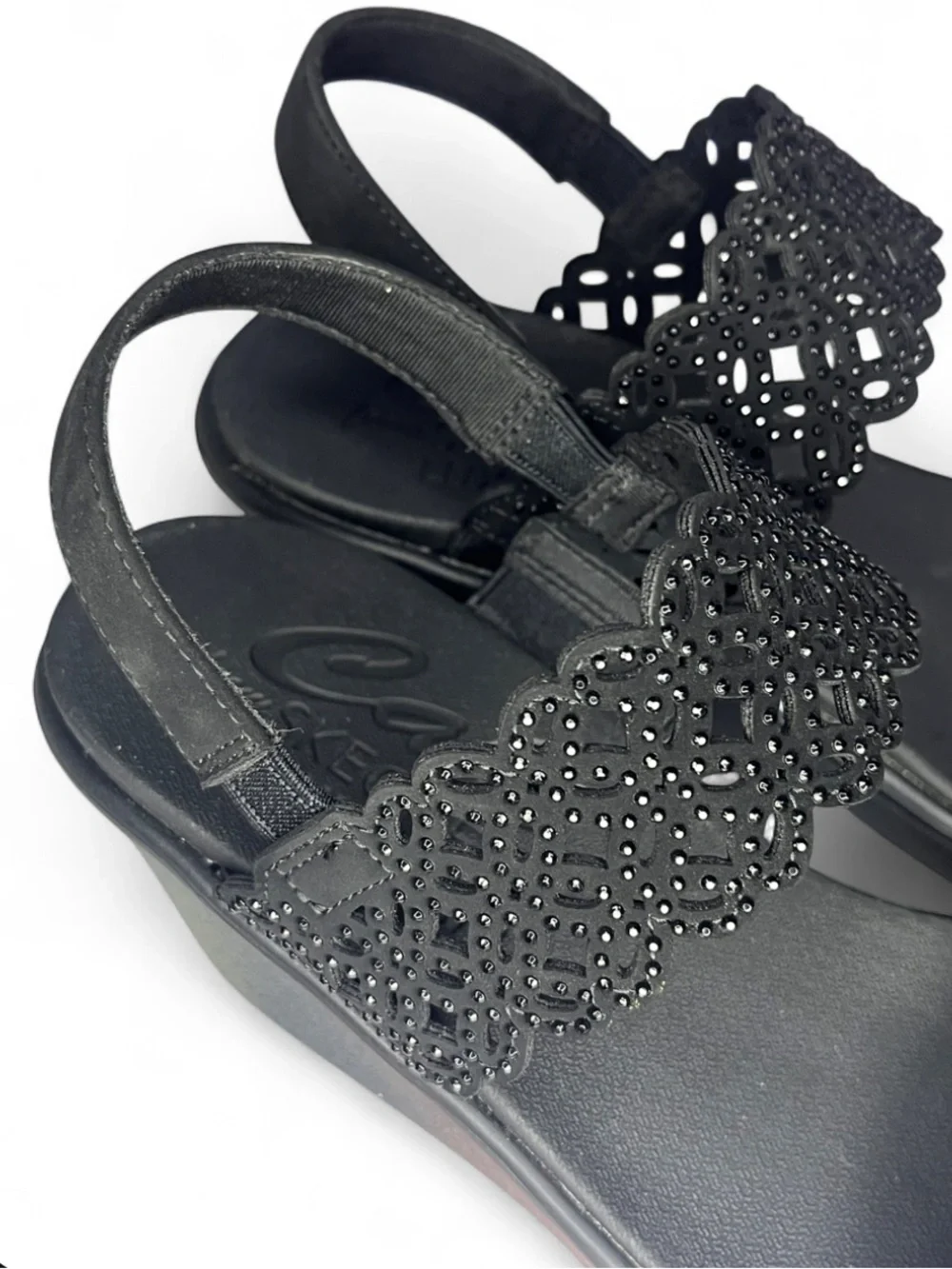 Skechers Rumble On Sassier Dayz Wedge Sandals Black Embellished Vegan Women's 8