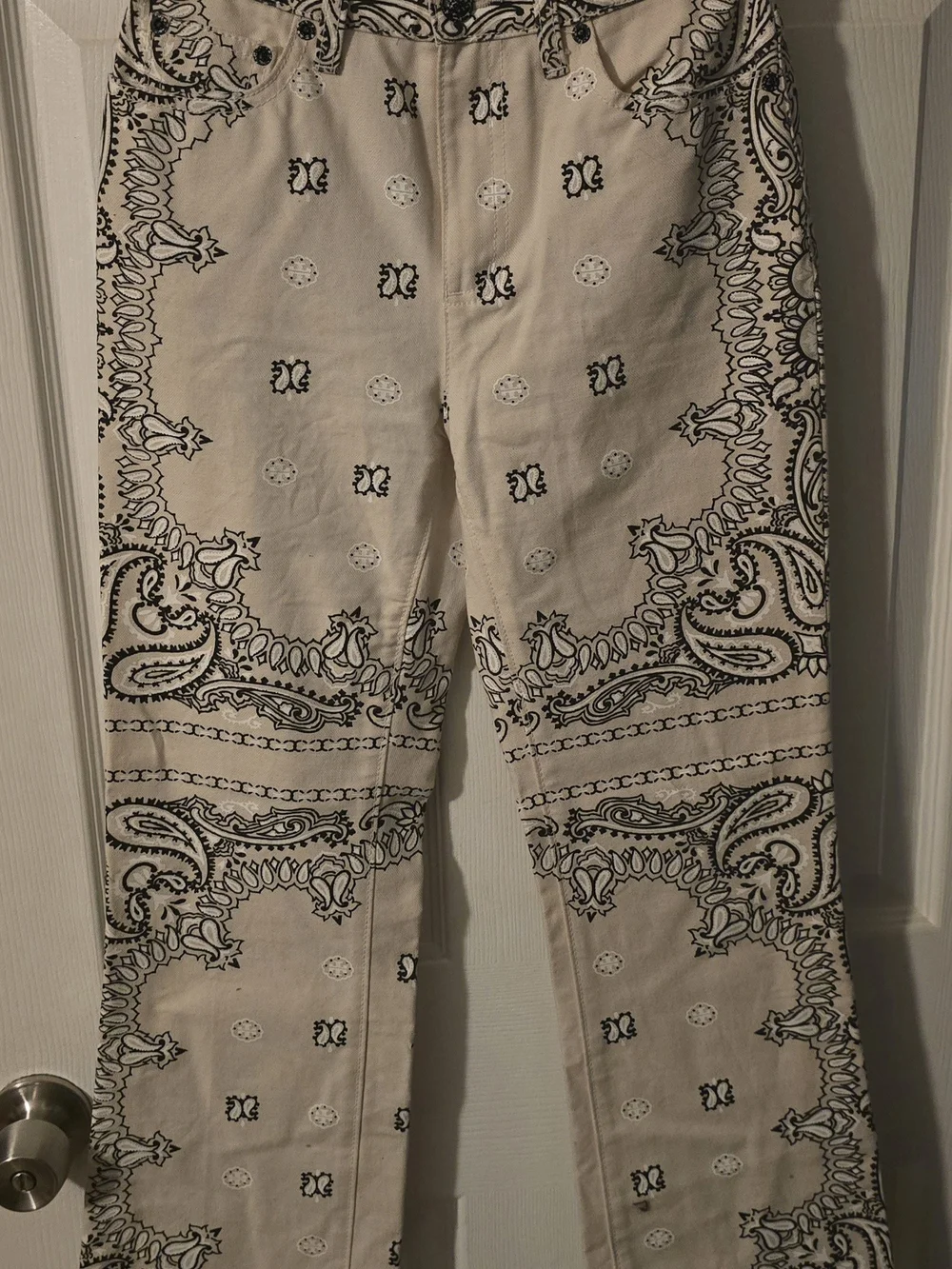 Tory Burch Cream and Black Bandana-Print Boot Cut Jeans