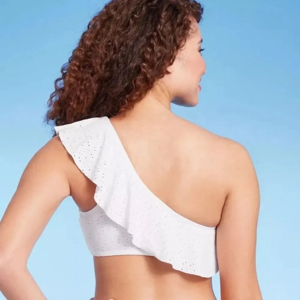 NWT Kona Sol White Eyelet One-Shoulder Ruffle Bikini Top multiple sizes