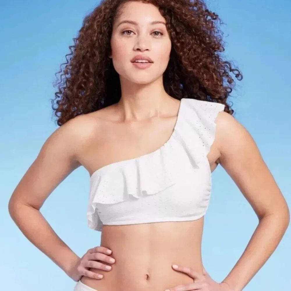 NWT Kona Sol White Eyelet One-Shoulder Ruffle Bikini Top multiple sizes