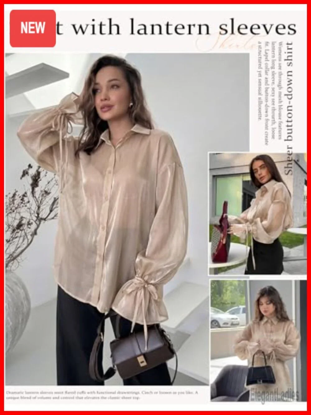 Sheer Button Down Blouse, Lantern Sleeve Mesh Top, Night Out Shirt