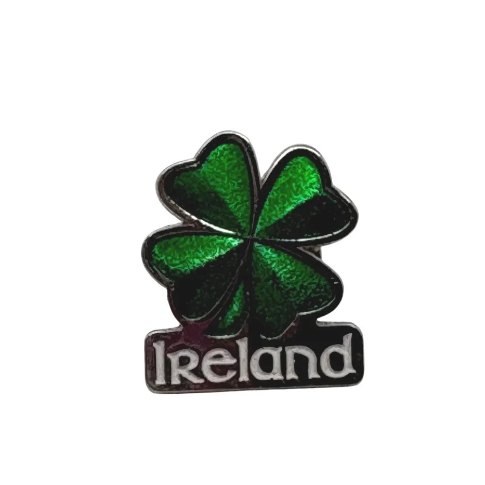 Ireland Four Leaf Clover Shamrock Green‎ Enamel Silver Tone Souvenir Lapel Pin
