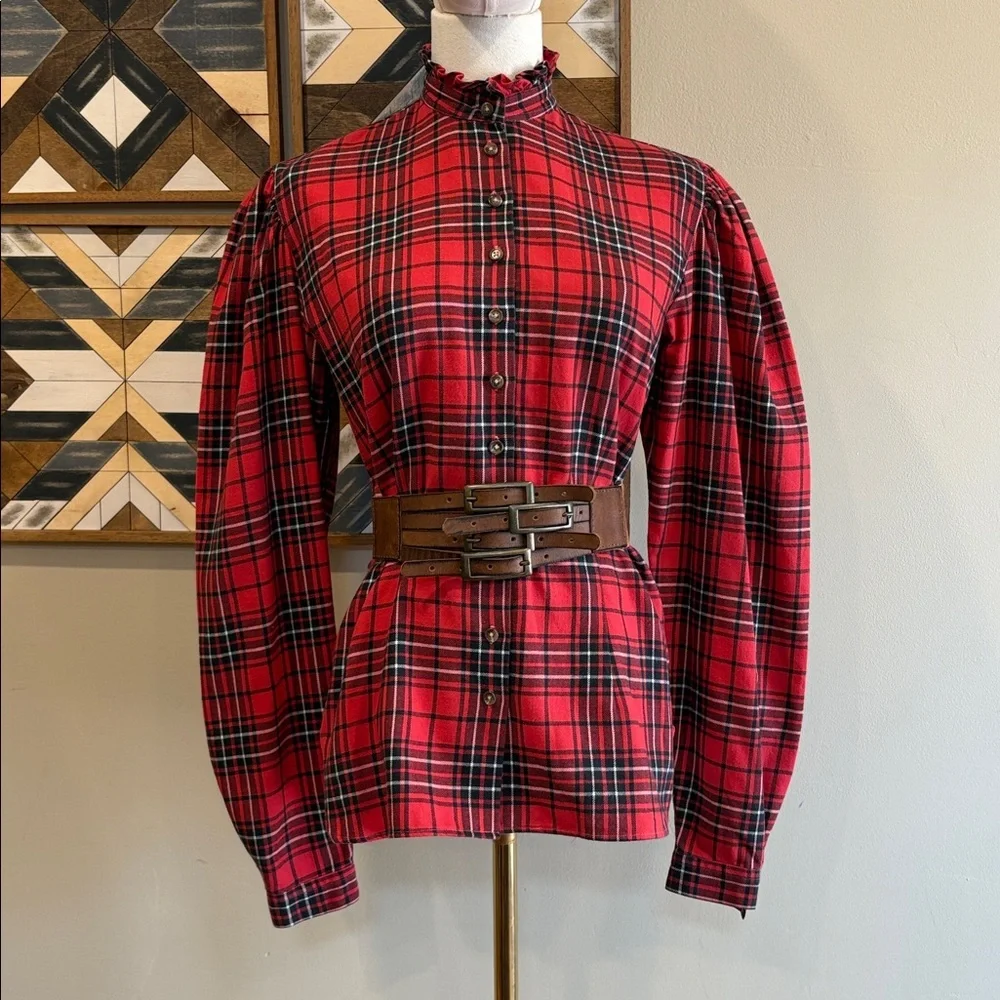 Vintage Ralph Lauren Red and Black Plaid Button-Front Puff Sleeve Top size 8