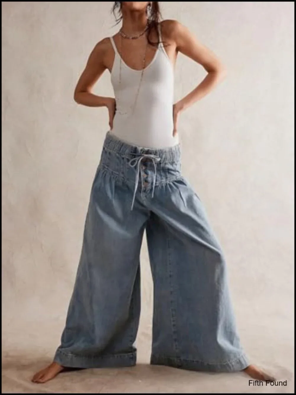 Baggy Wide Leg Denim Pants Drawstring Midi Waisted Flare Jeans Ruffle Pleated