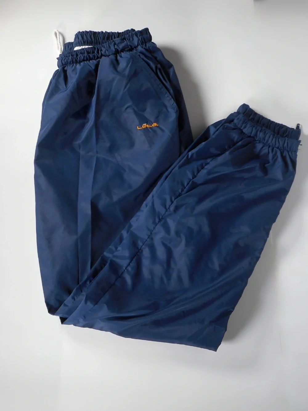 VTG 90s LETA Navy Blue Mens Sz L Nylon Wind Track Pants Lined Zipper Lower Leg