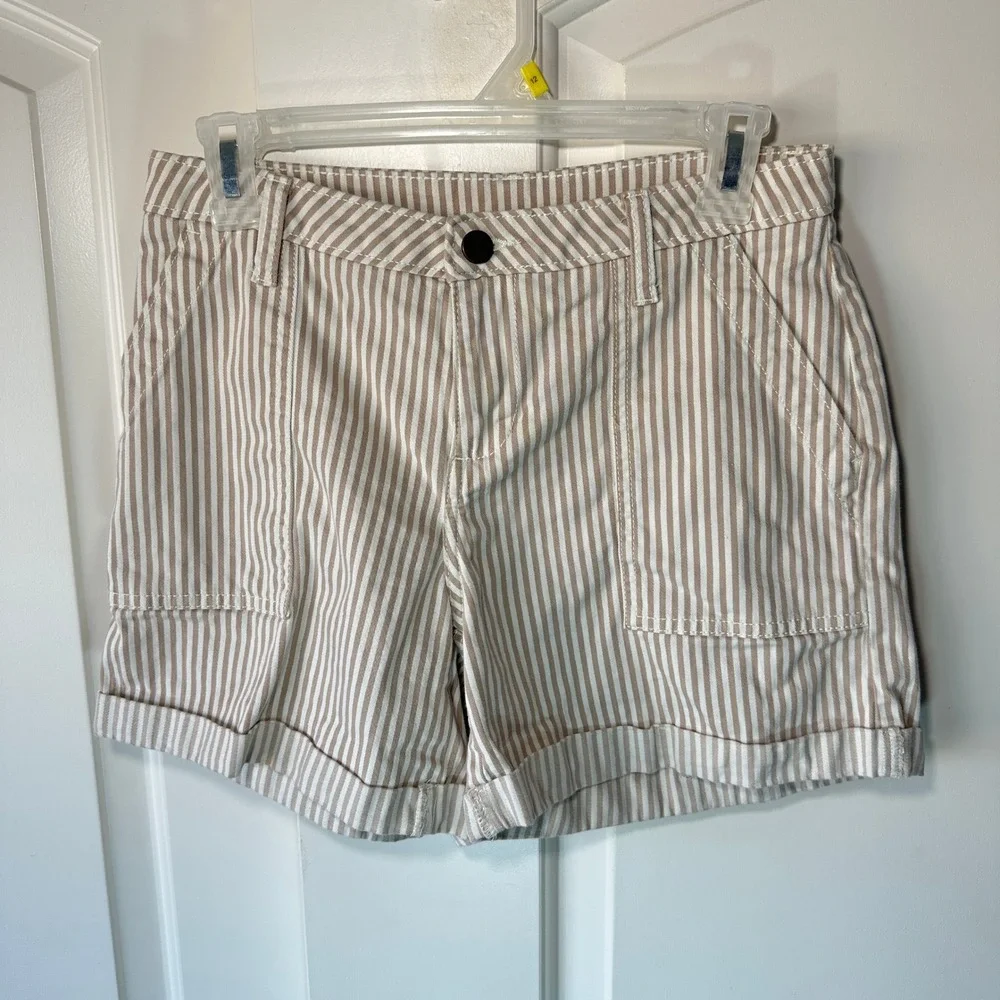 CASLON White & Beige Striped Cuffed Chino Shorts Neutral Boho‎ 5