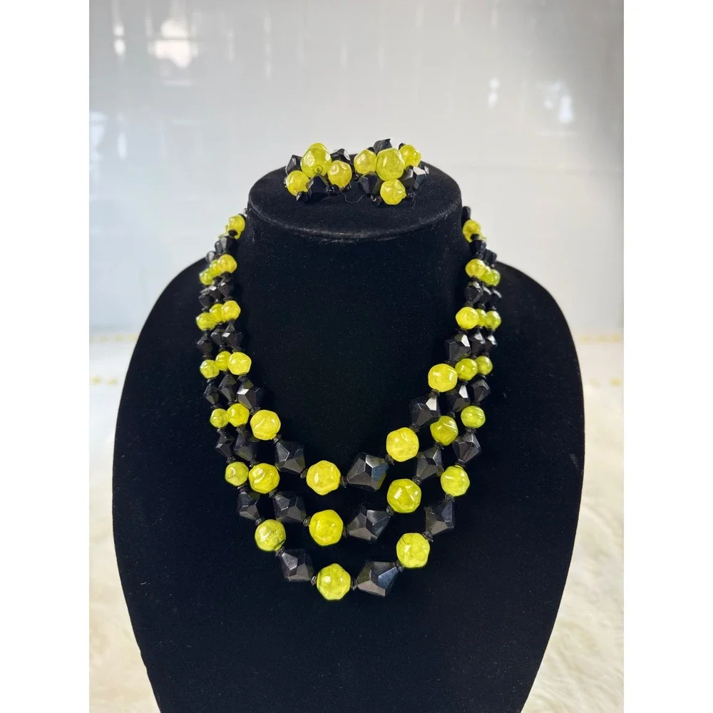 Vintage Hong Kong Lime Green Black Beaded 3‎ Strand Necklace Clip Earring Set