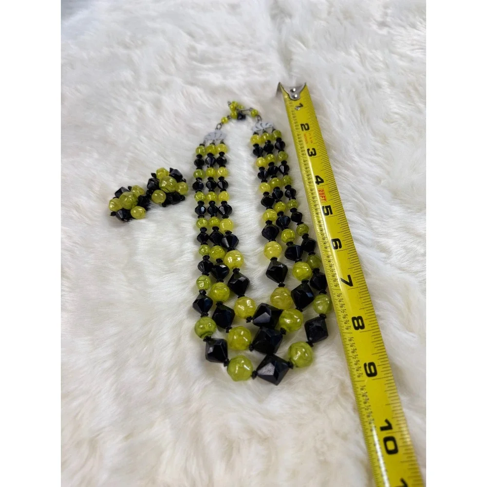 Vintage Hong Kong Lime Green Black Beaded 3‎ Strand Necklace Clip Earring Set