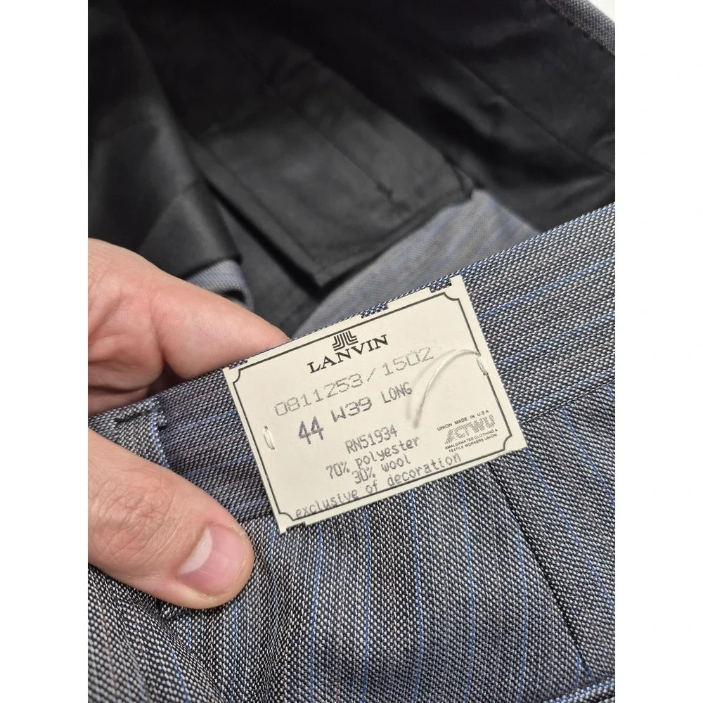 VTG Lanvin Paris Suit Mens 44 Long Gray Poly Wool Stripe 2 Piece 39x36 USA NWT