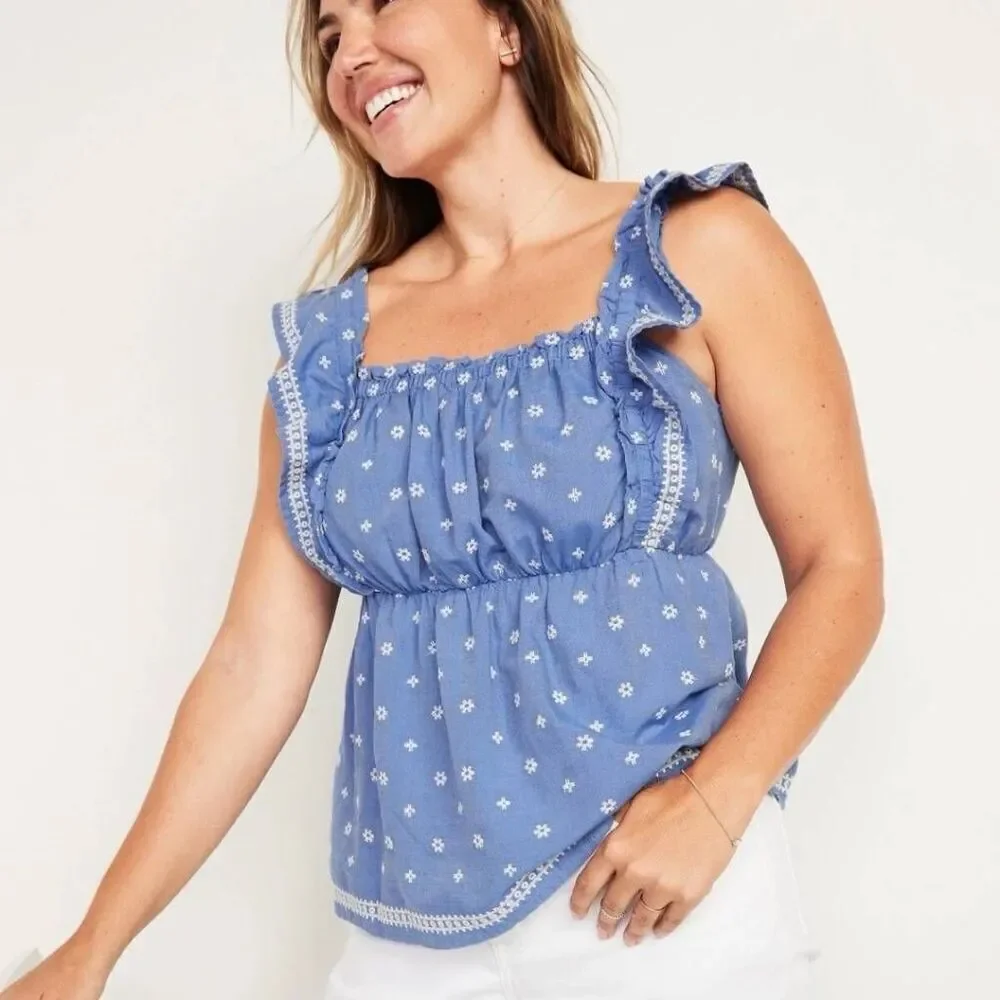 Old Navy Womens Embroidered Babydoll Top XL Blue Ruffle Peasant Boho Cottagecore