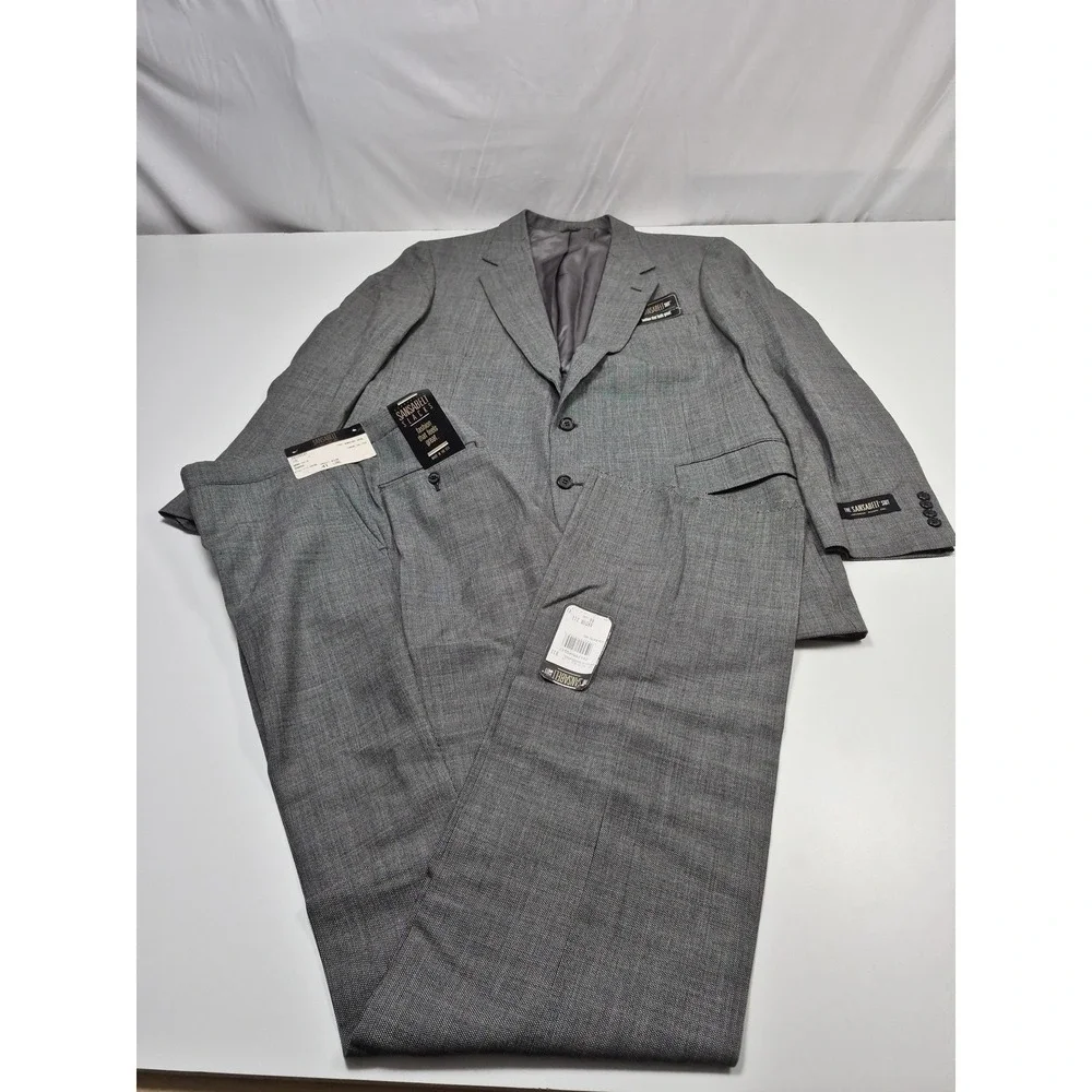 VTG Sansabelt Suit Mens 46 Long Gray Wool Check 2 Piece 41x36 Made in USA NWT