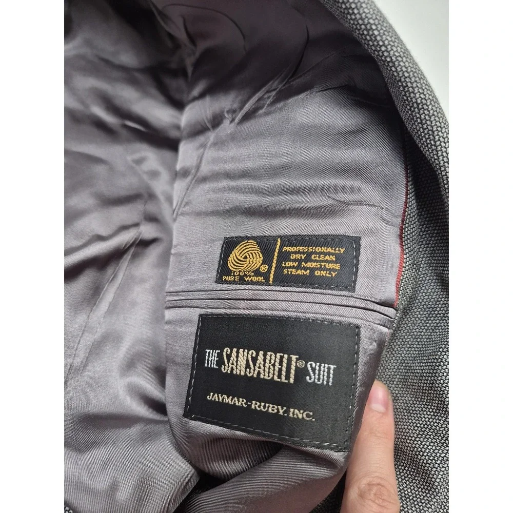 VTG Sansabelt Suit Mens 46 Long Gray Wool Check 2 Piece 41x36 Made in USA NWT