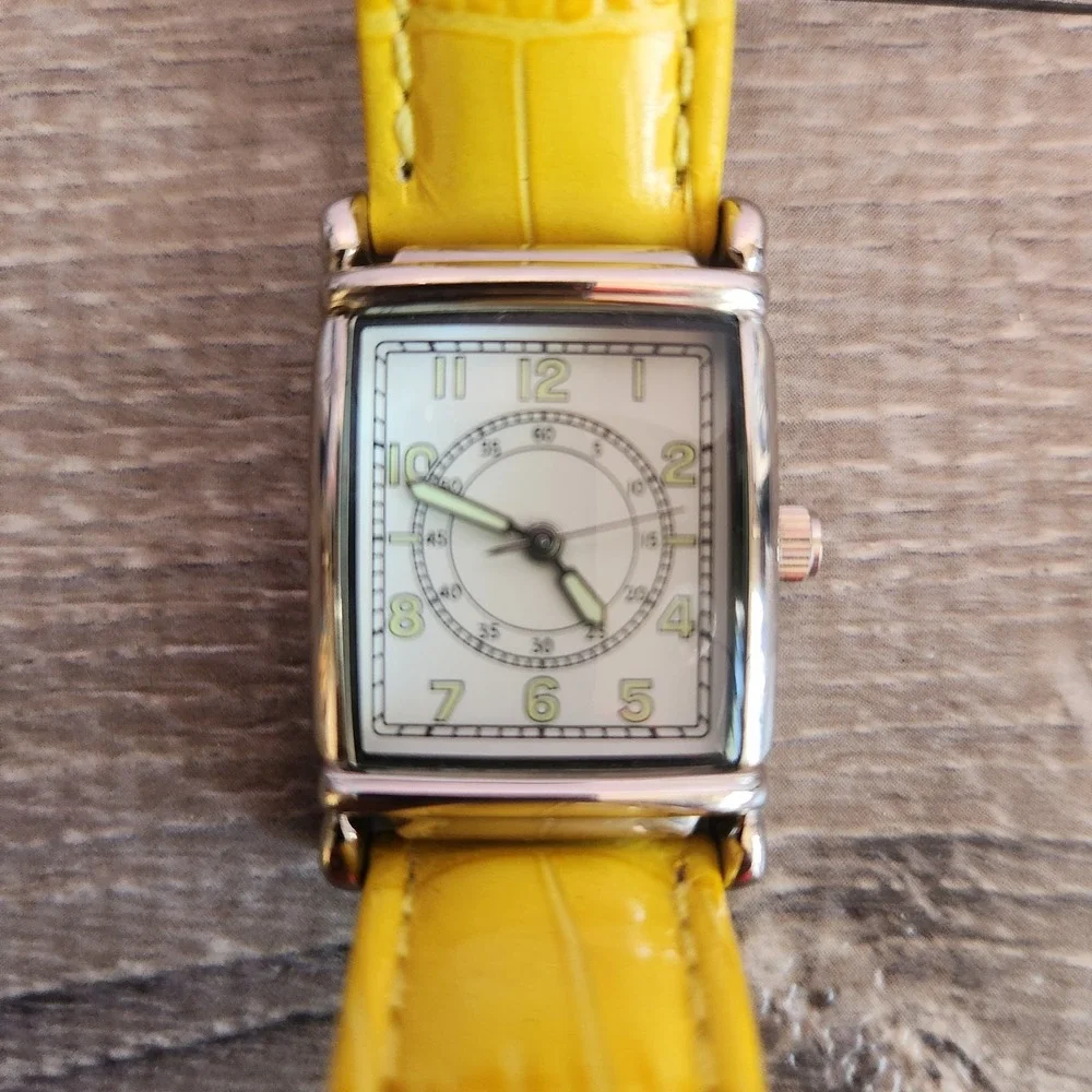 Womens Yellow Unbranded Rectangle Face‎ Wrist Watch Leather Band New Battery
