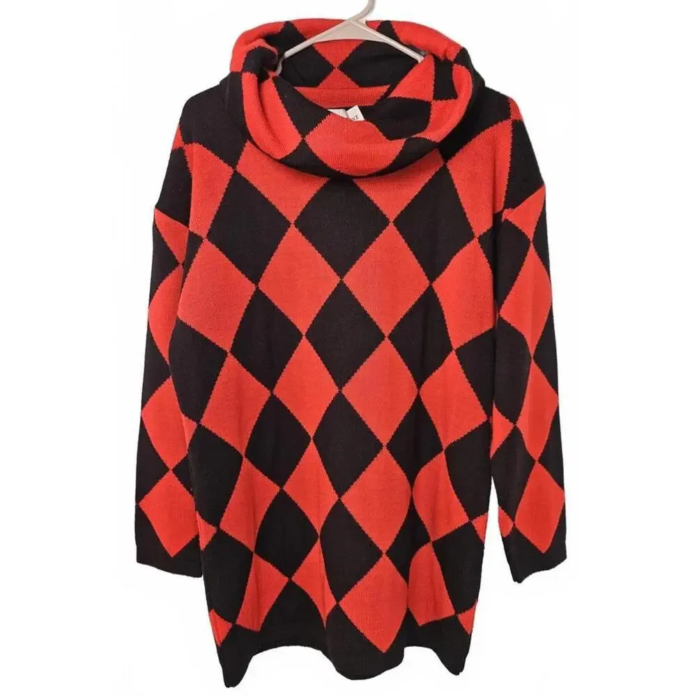 Evan Picone Women's Wool Blend Red & Black Argyle Turtleneck Sweater Size Medium