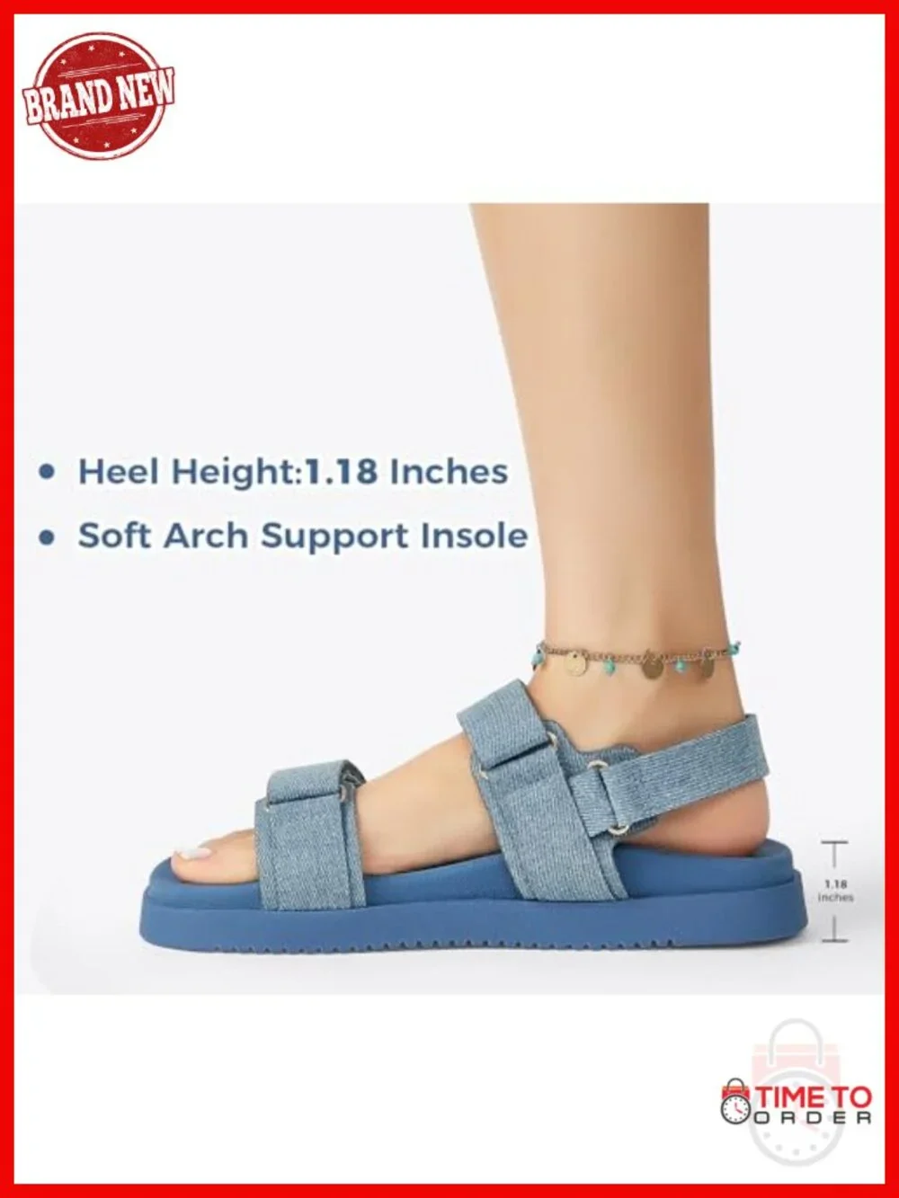 Double Strap Flat Sandals with Hook & Loop Closure, Non-Slip