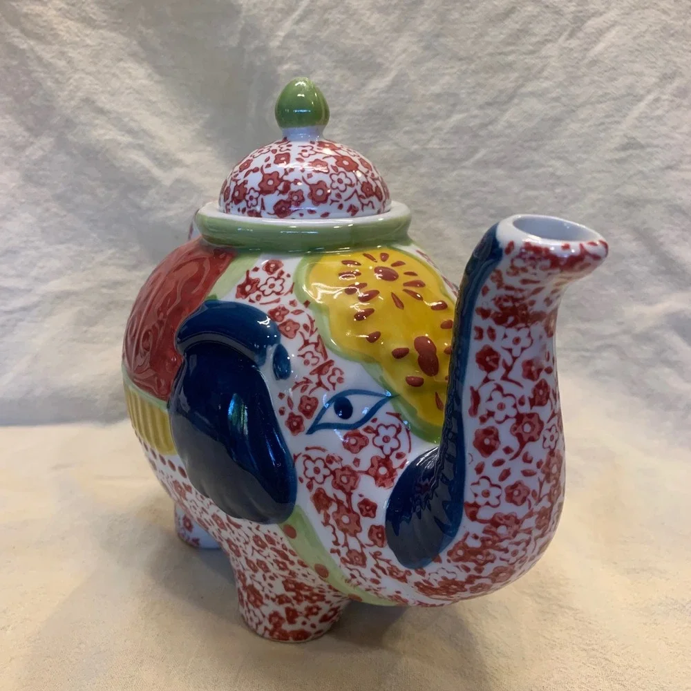 Ceramic‎ Elephant Teapot Multicolor Floral Boho Hand Painted Decorative Decor