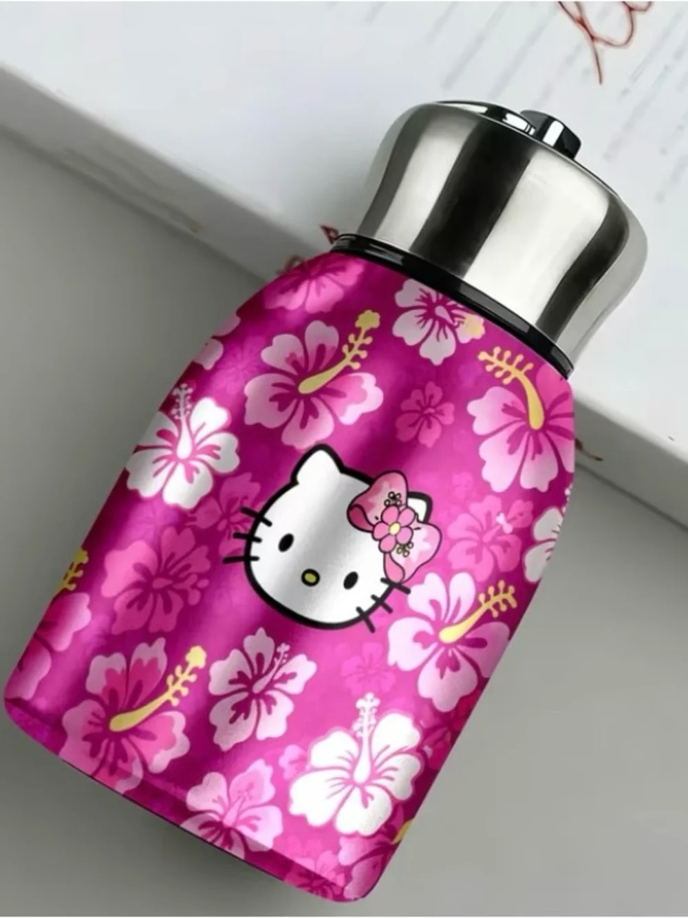 Hello Kitty Hot Pink Floral Stainless Steel Bottle with Silver Cap