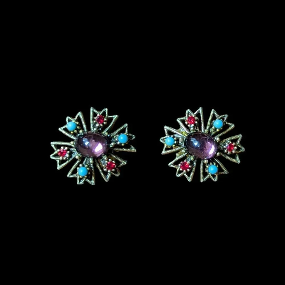 Vintage Gilded Brass Earrings‎ Amethyst Filigree MCM Gold Tone 1950’s Ornate