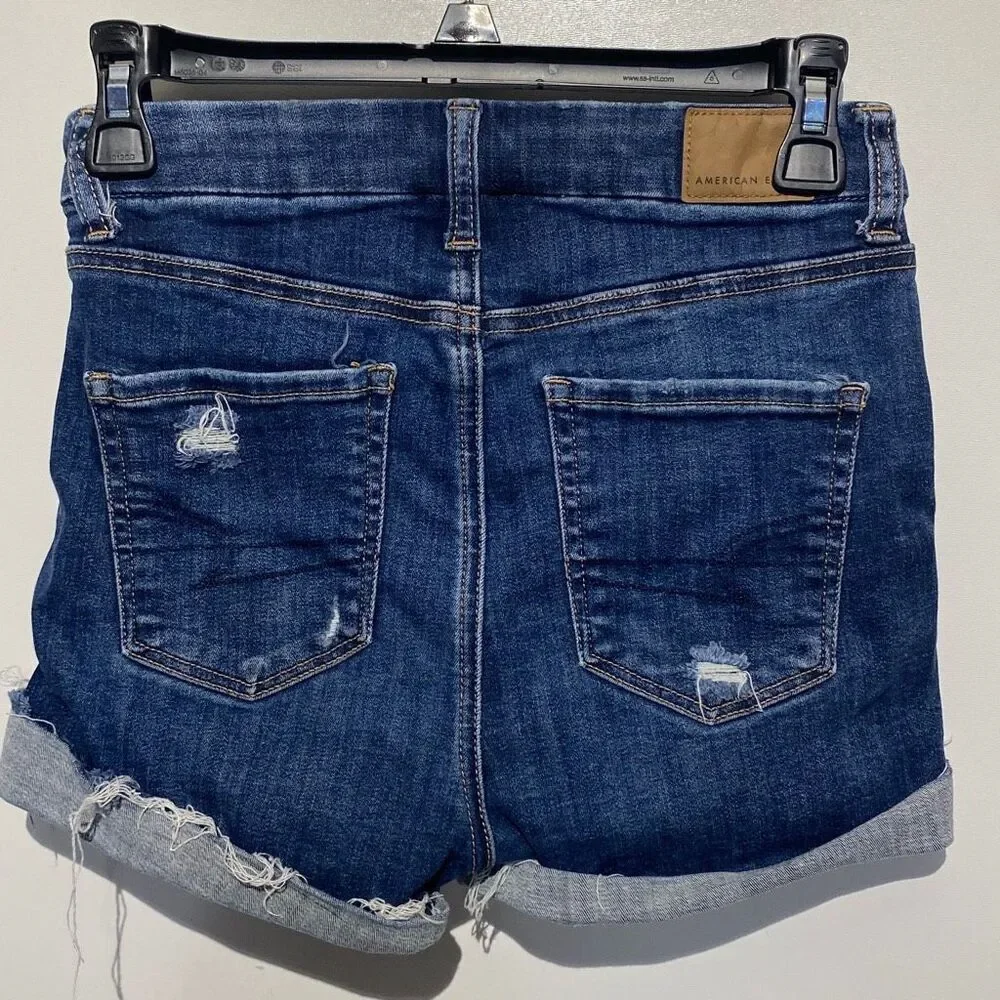 American Eagle Women's Dark Blue Curvy Hi-Rise Distressed Denim‎ Shorts Size 00