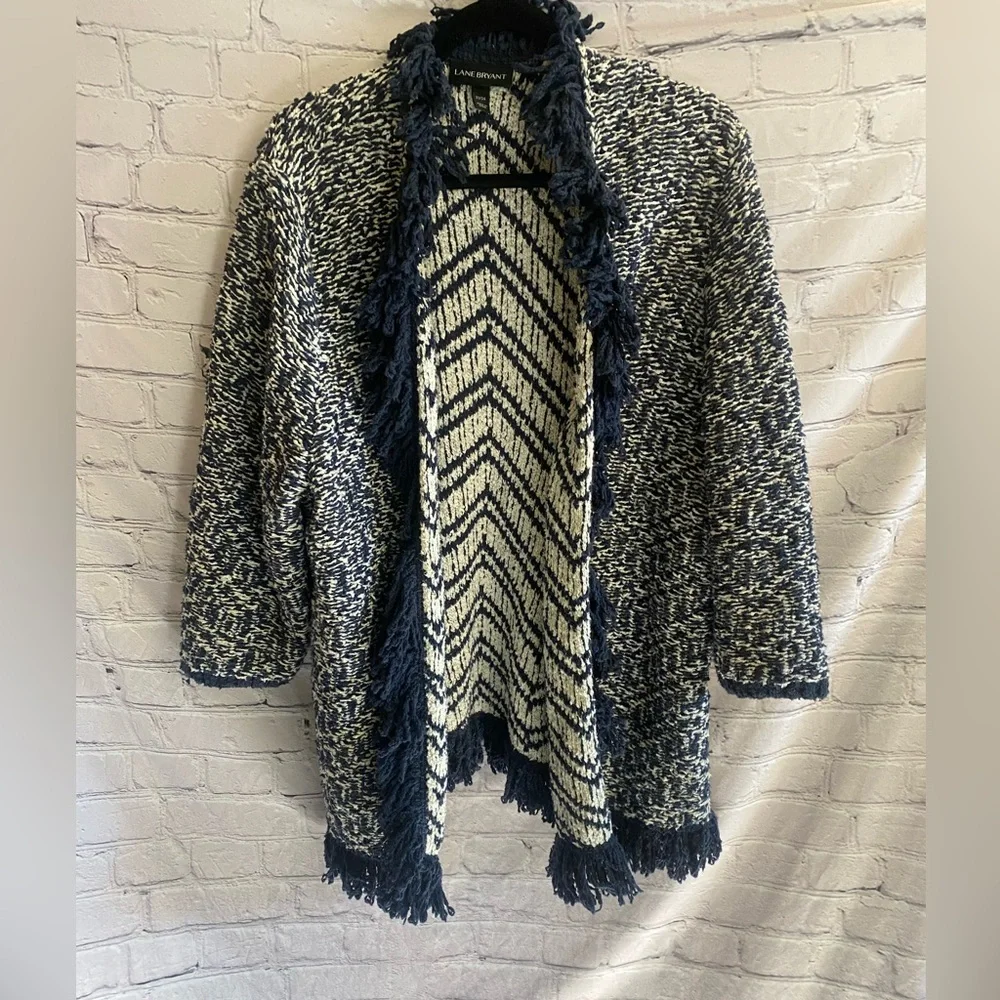 Lane Bryant Women’s Chunky‎ Knit Open Front Cardigan Navy Off White Size 22/24