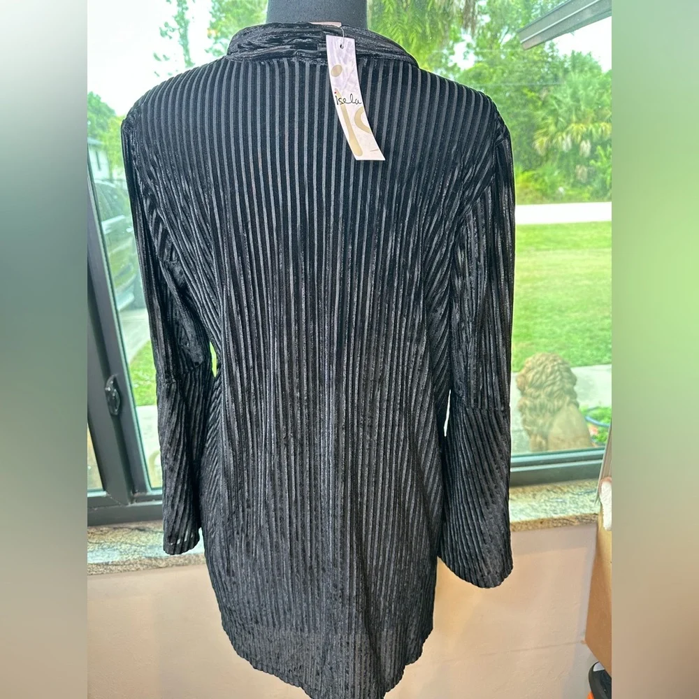Isela Black Textured Stripes Velour Open Cardigan Size Medium NEW